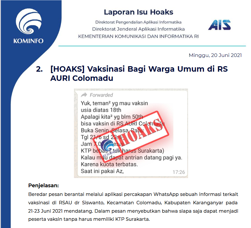 Isu Hoaks 20 Juni 2021