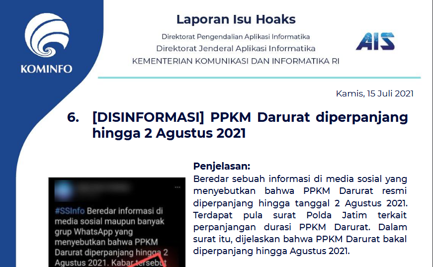 Isu Hoaks 15 Juli 2021