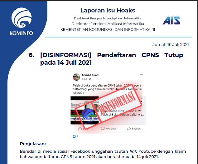 Isu Hoaks 16 Juli 2021