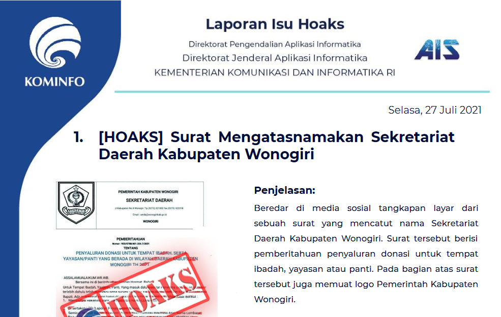 Isu Hoaks 27 Juli 2021