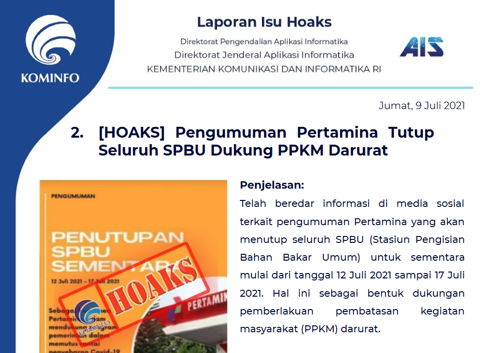 Isu Hoaks 9 Juli 2021