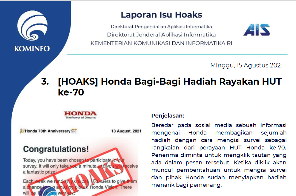 Isu Hoaks 15 Agustus 2021