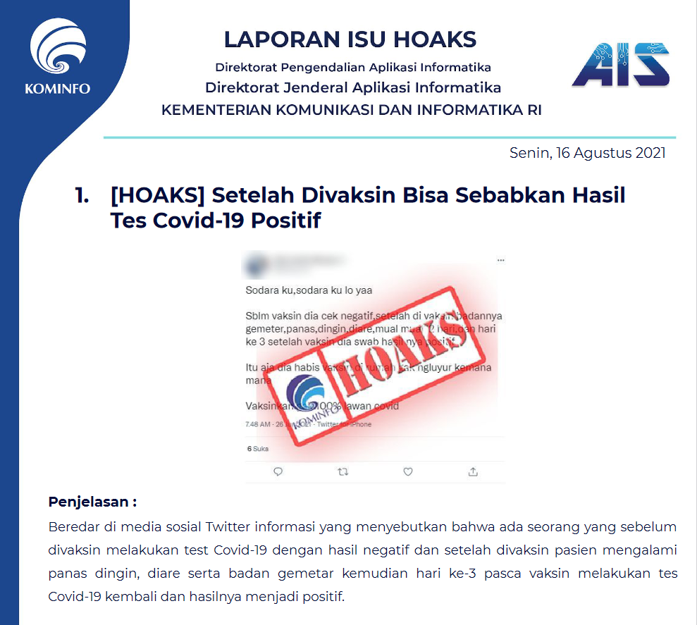 Isu Hoaks 16 Agustus 2021
