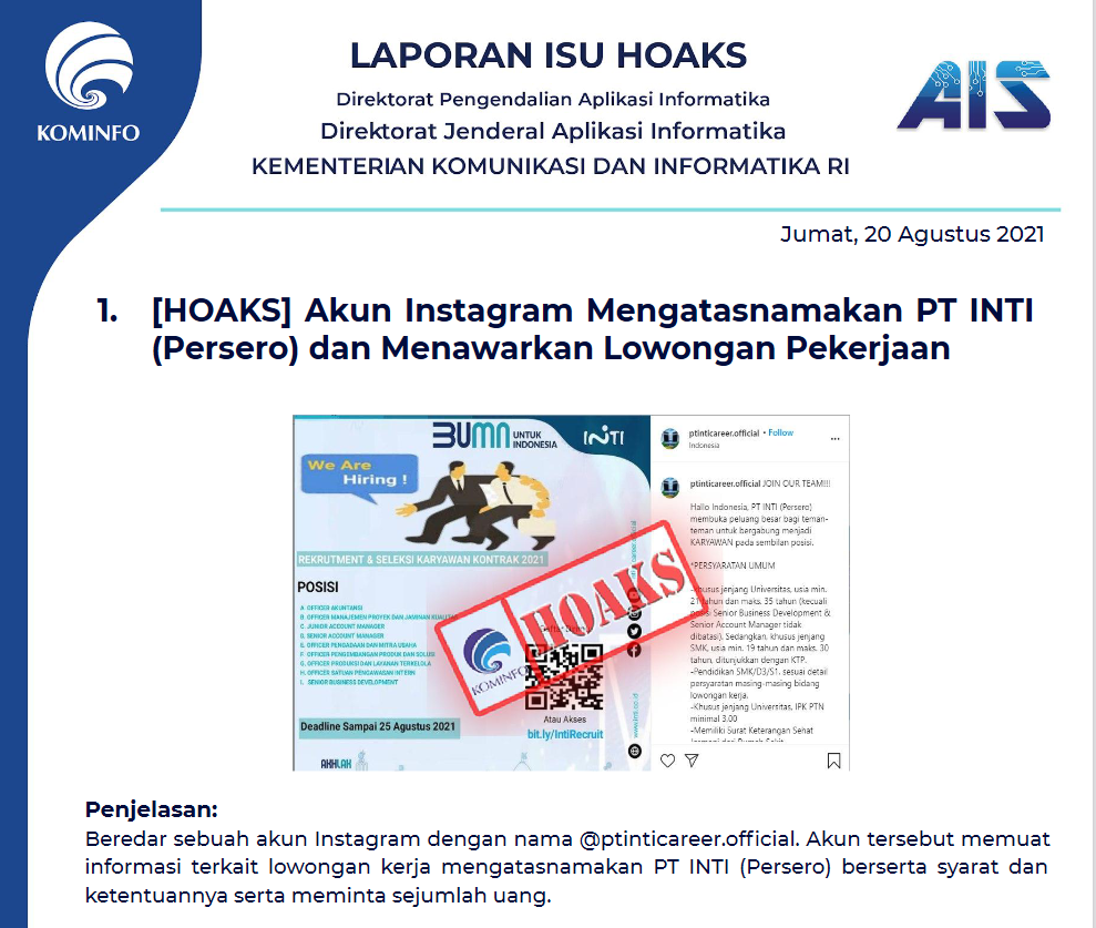 Isu Hoaks 20 Agustus 2021