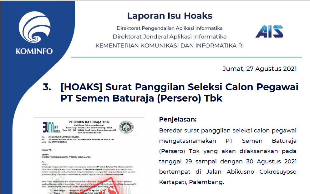 Isu Hoaks 27 Agustus 2021