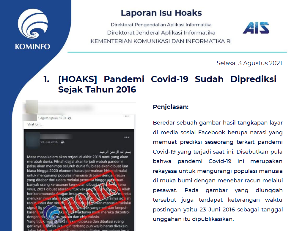 Isu Hoaks 3 Agustus 2021