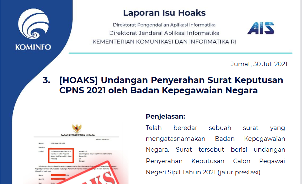 Isu Hoaks 30 Juli 2021