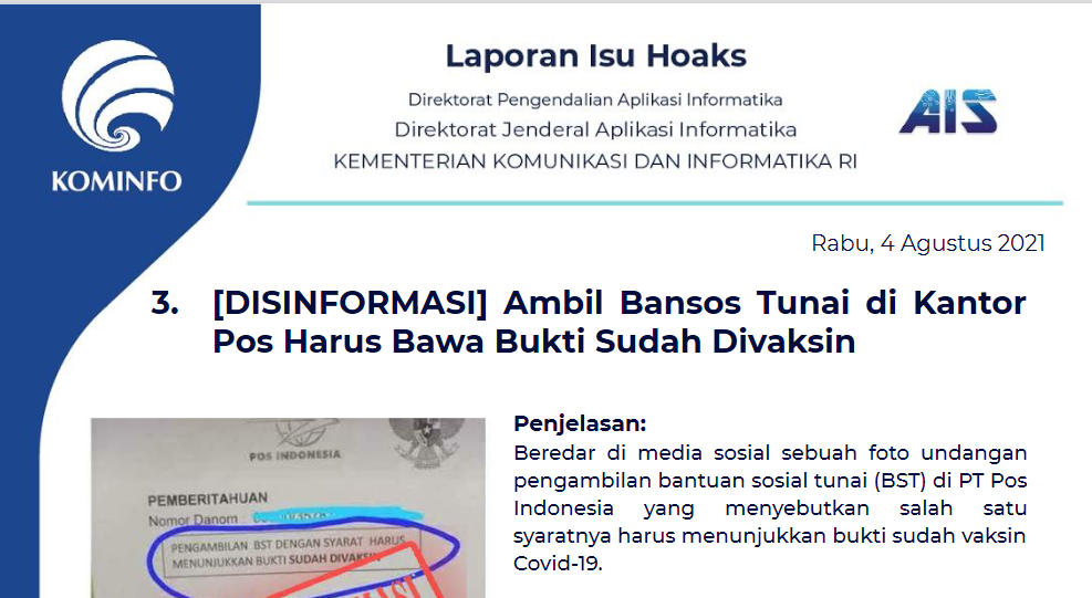 Isu Hoaks 4 Agustus 2021