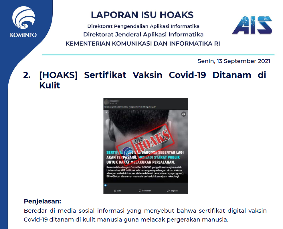 Isu Hoaks 13 September 2021