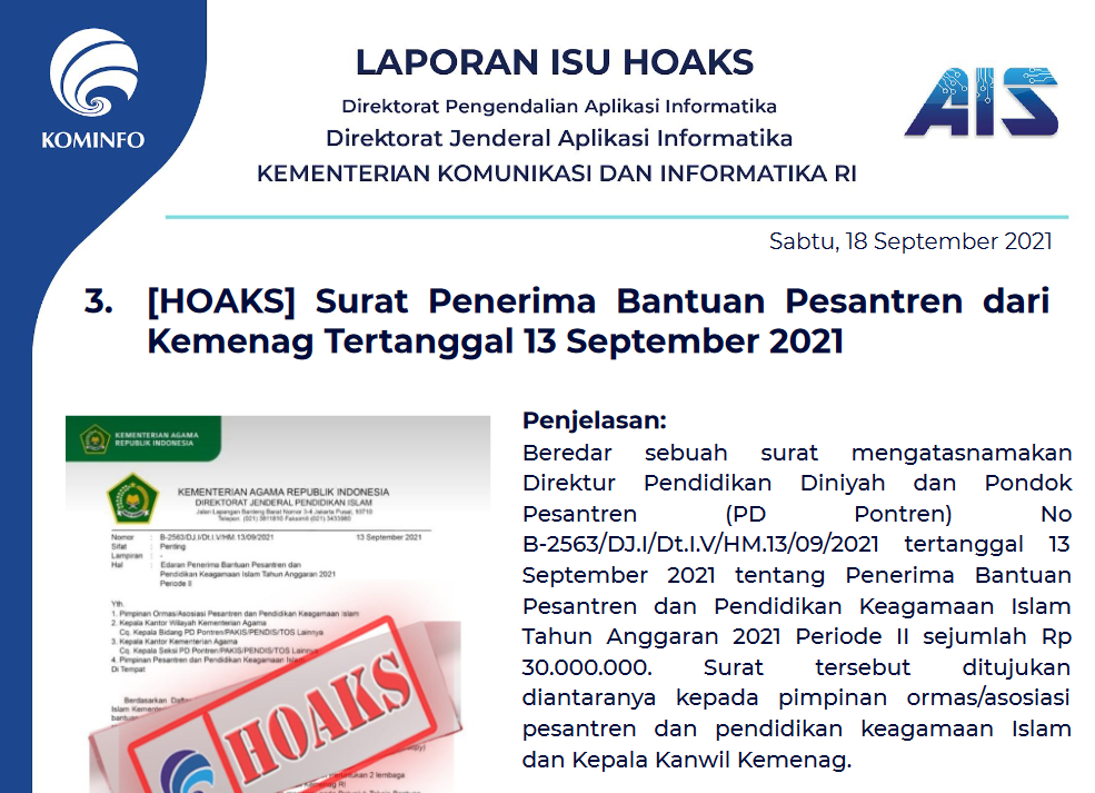 Isu Hoaks 18 September 2021