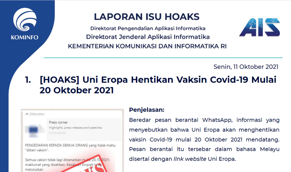 Isu Hoaks 11 Oktober 2021