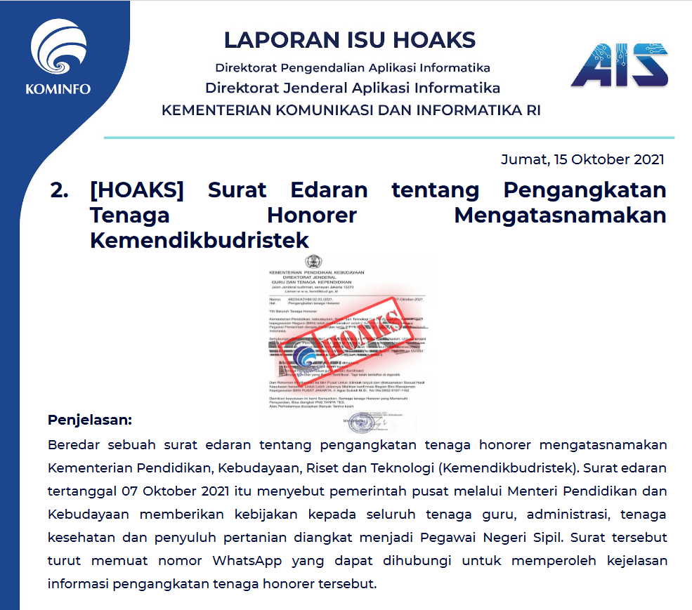 Isu Hoaks 15 Oktober 2021