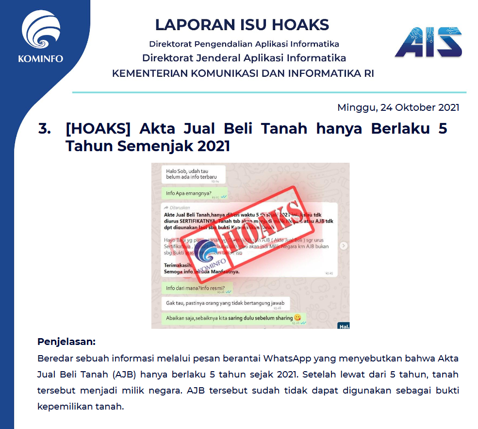 Isu Hoaks 24 Oktober 2021