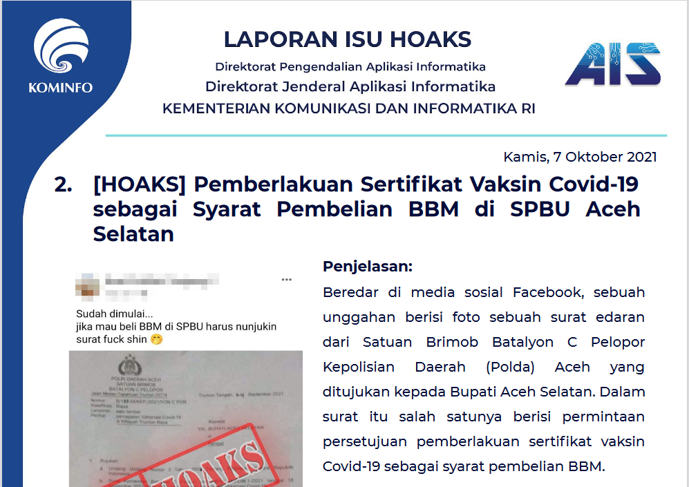 Isu Hoaks 7 Oktober 2021