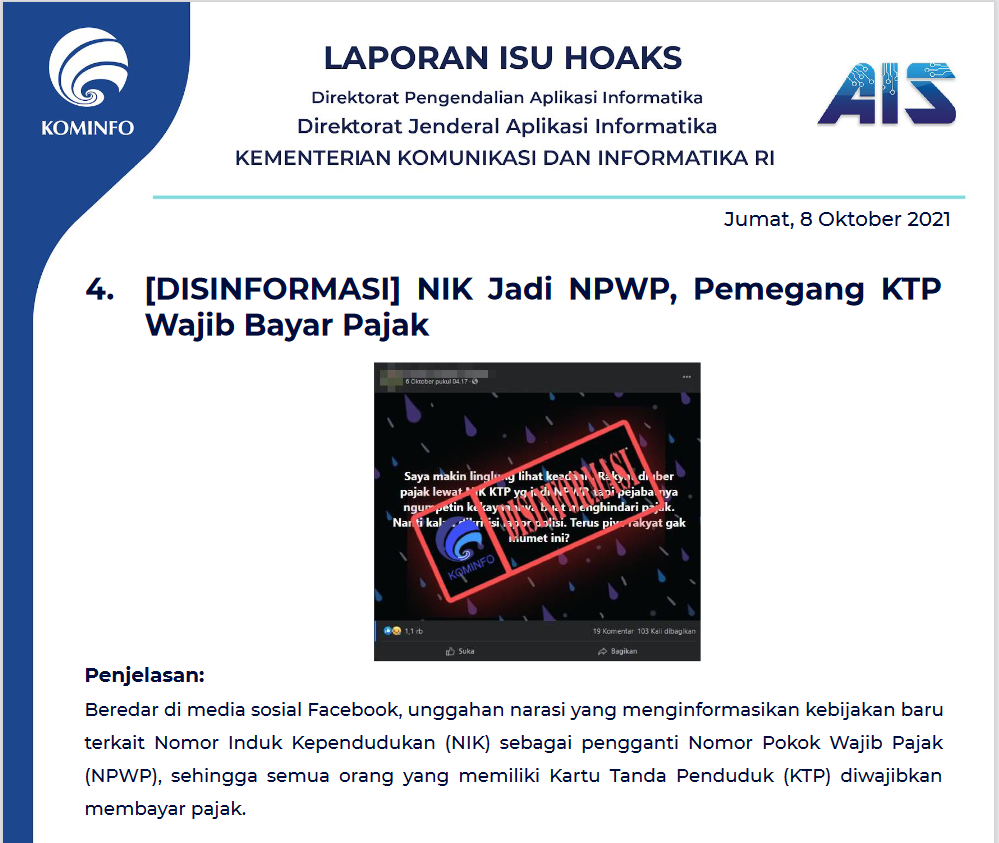 Isu Hoaks 8 Oktober 2021