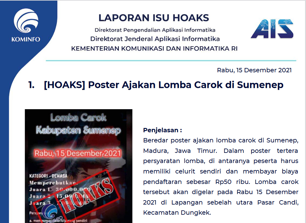 Isu Hoaks 15 Desember 2021