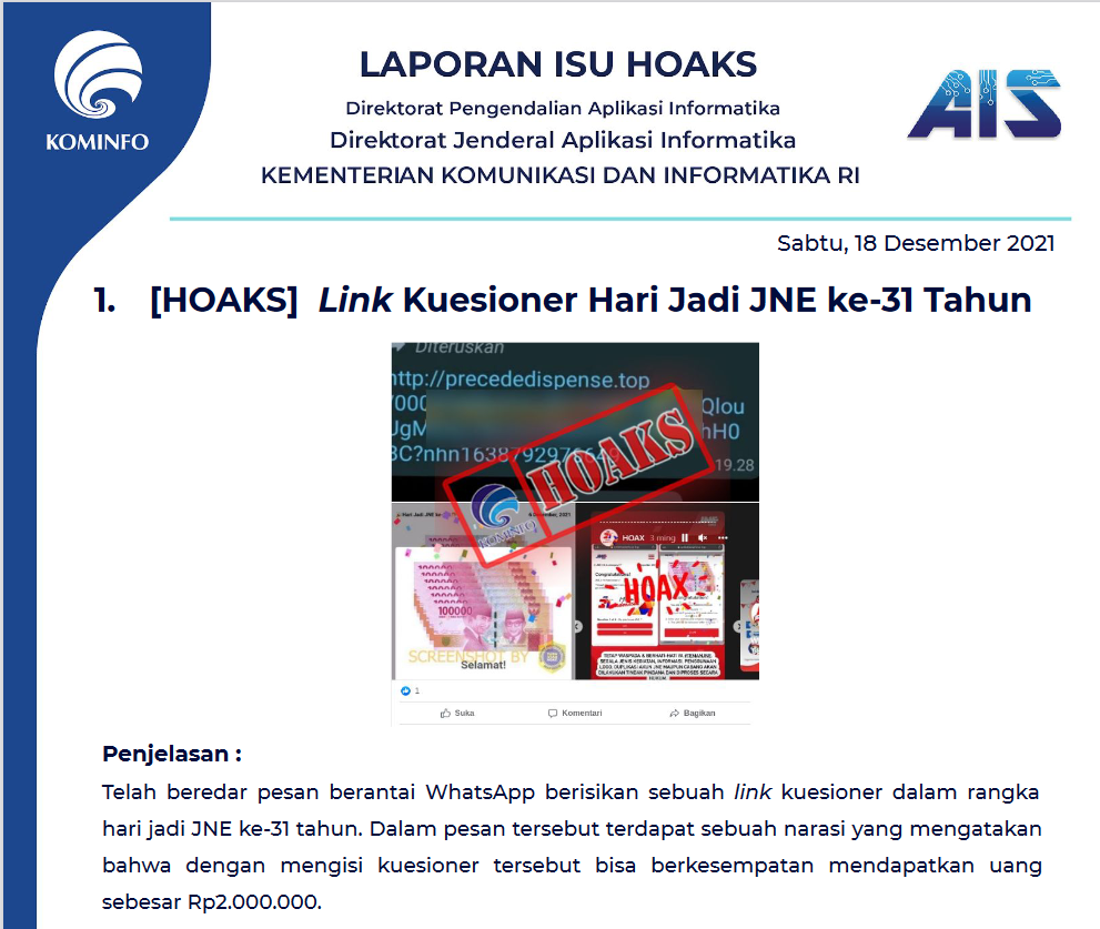 Isu Hoaks 18 Desember 2021