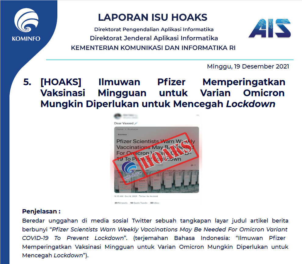 Isu Hoaks 19 Desember 2021