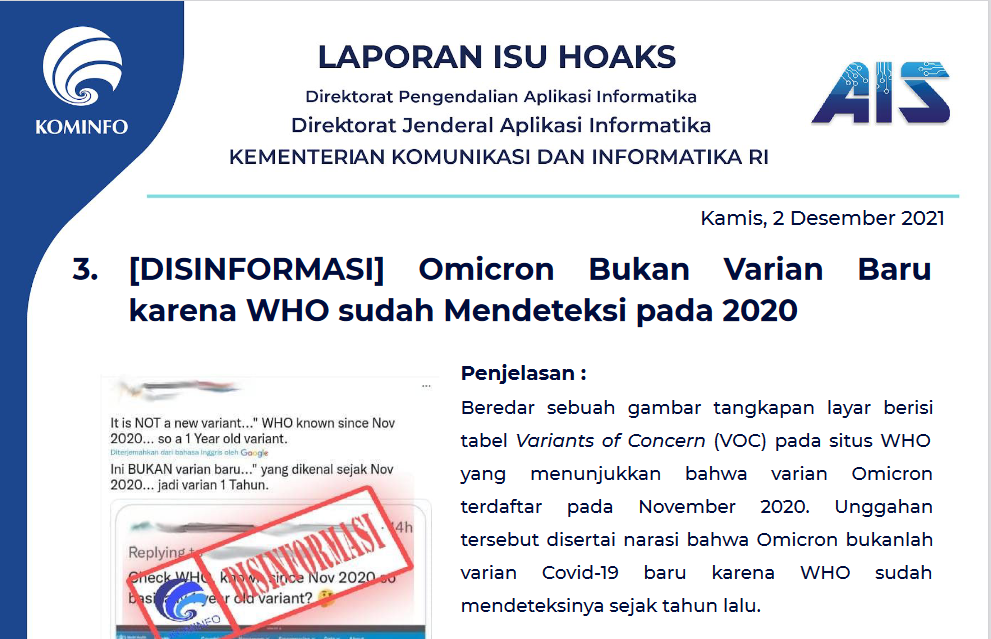 Isu Hoaks 2 Desember 2021