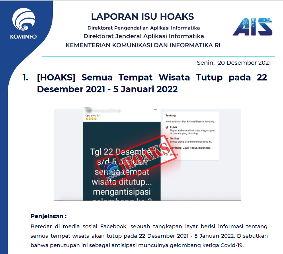 Isu Hoaks 20 Desember 2021
