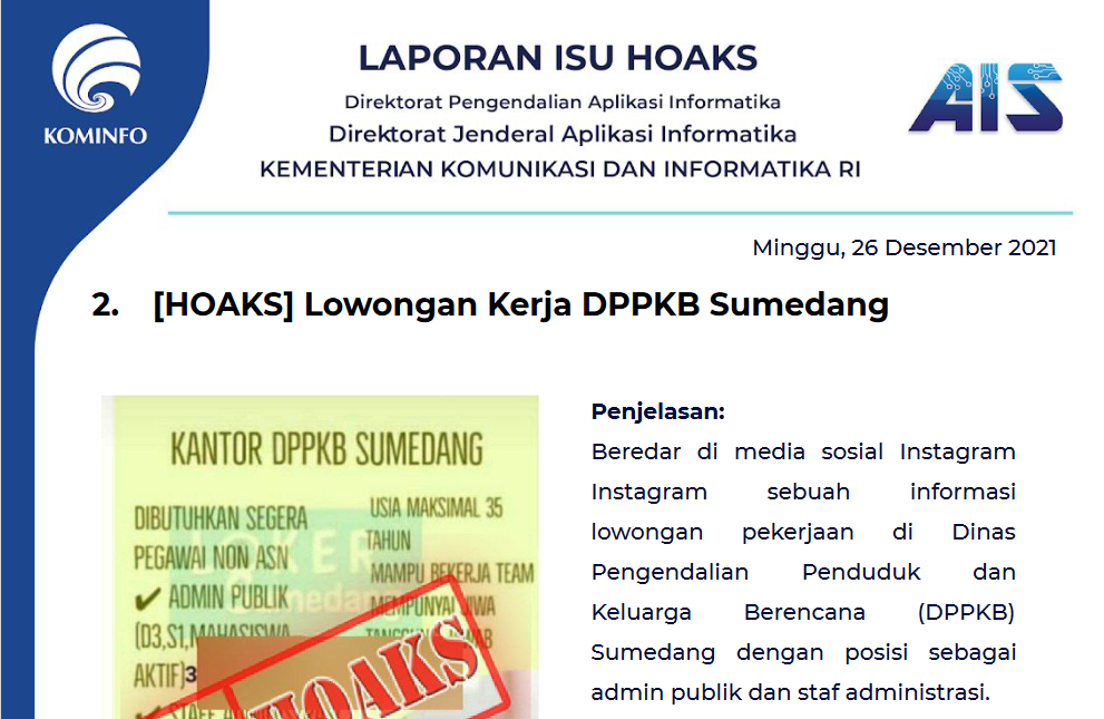 Isu Hoaks 26 Desember 2021
