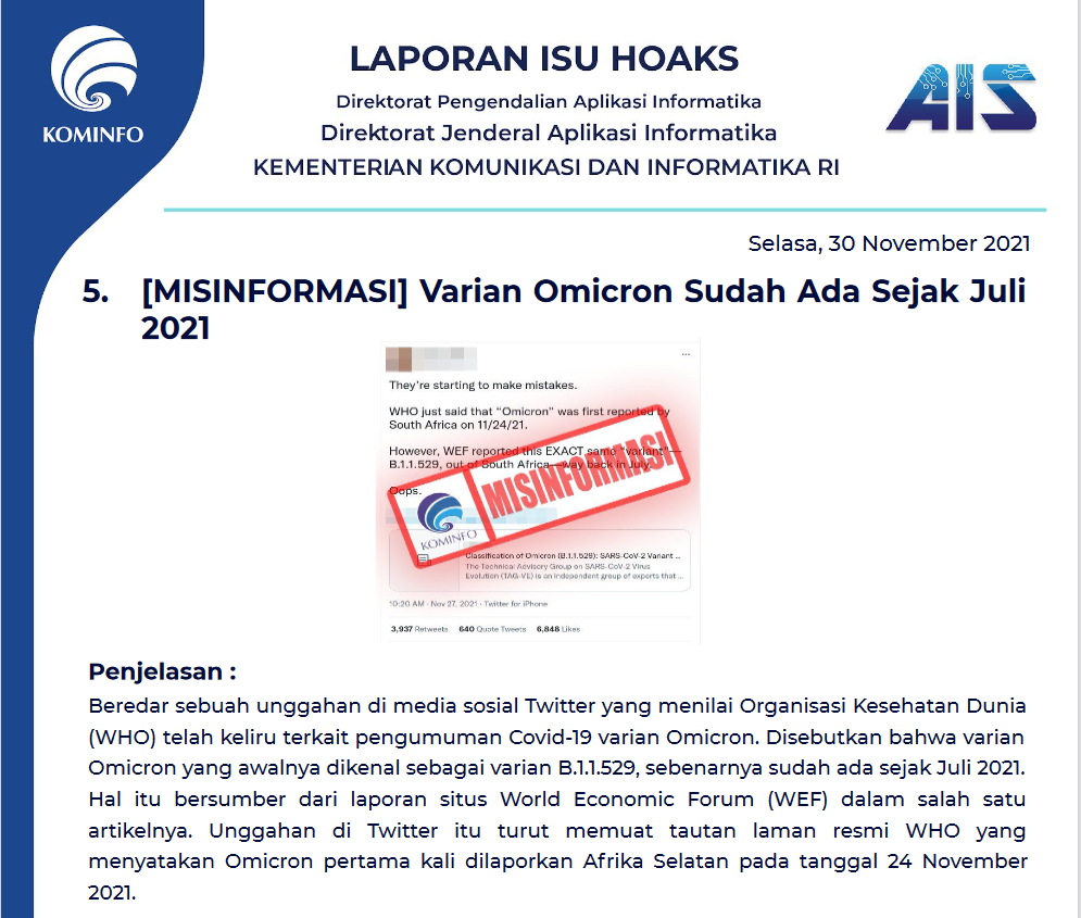 Isu Hoaks 30 November 2021