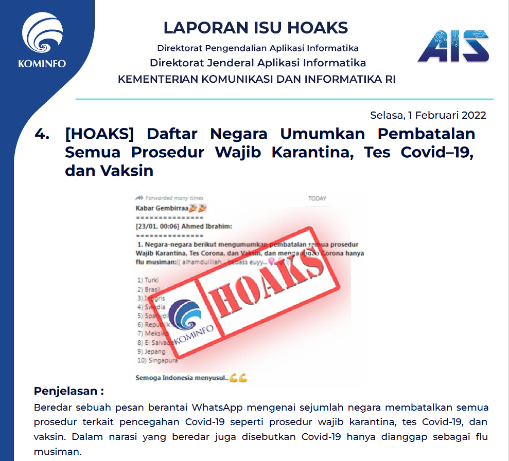 Isu Hoaks 1 Februari 2022