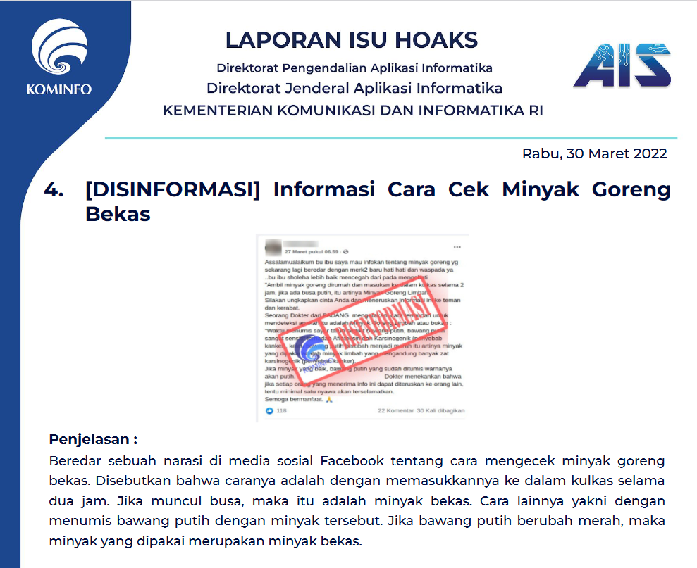 Isu Hoaks 30 Maret 2022