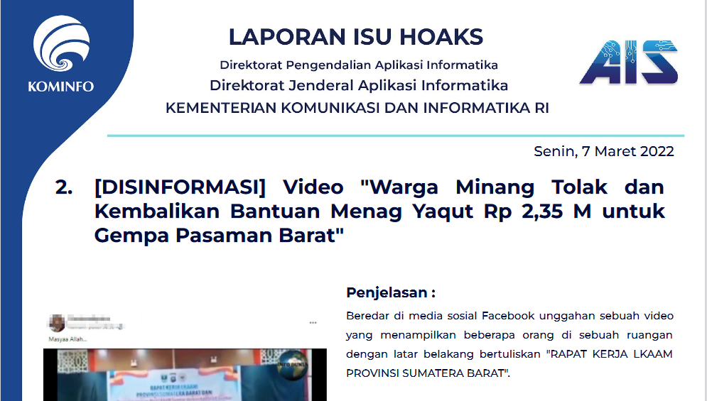 Isu Hoaks 7 Maret 2022