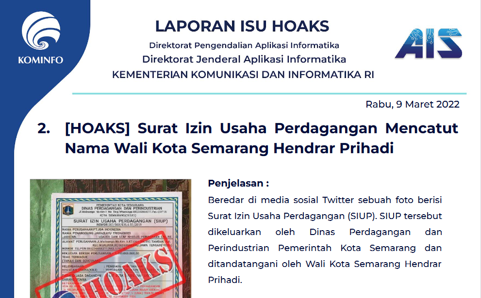 Isu Hoaks 9 Maret 2022