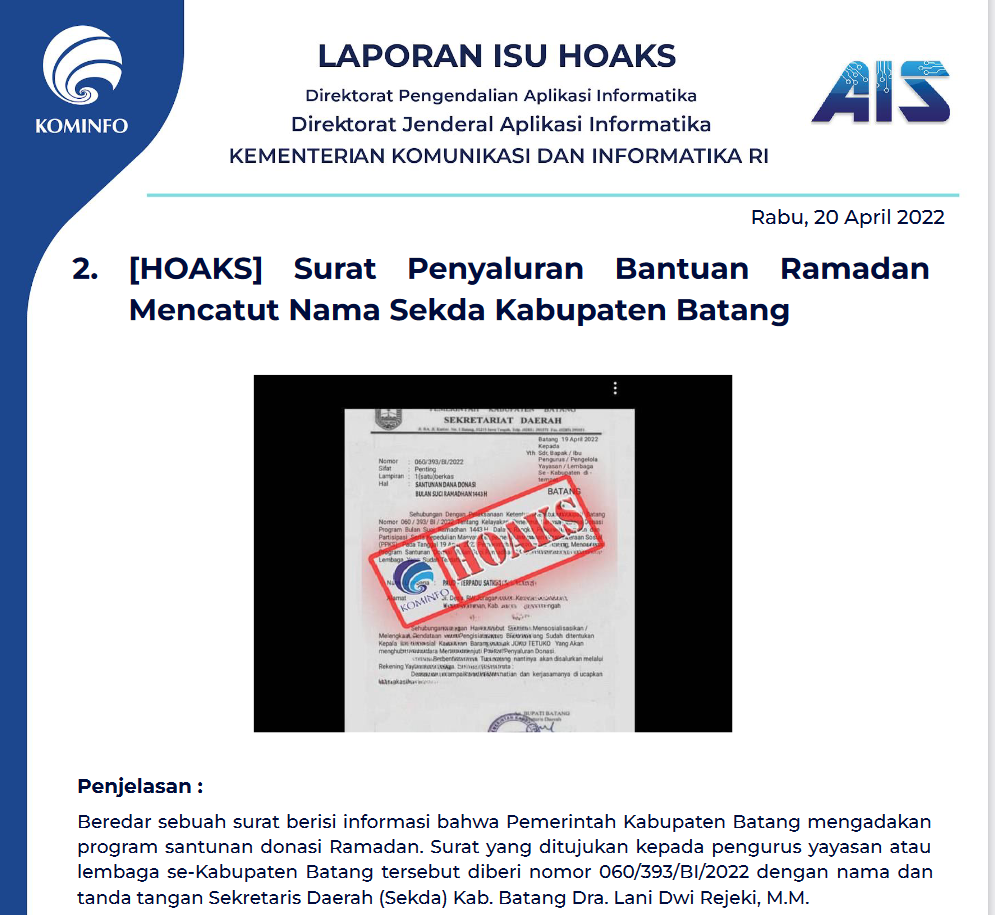 Isu Hoaks 20 April 2022