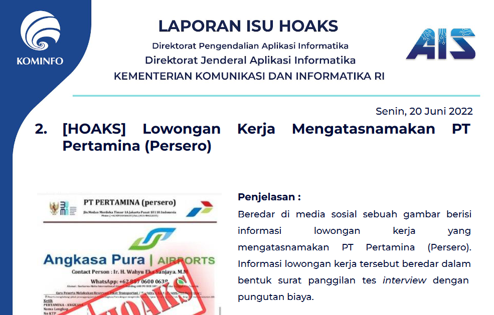 Isu Hoaks 20 Juni 2022