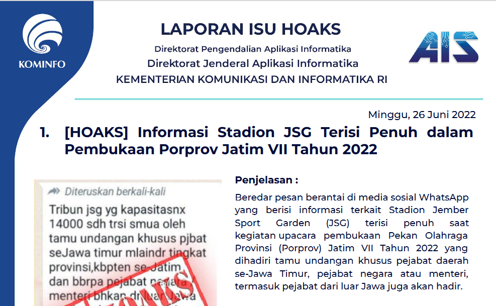 Isu Hoaks 26 Juni 2022