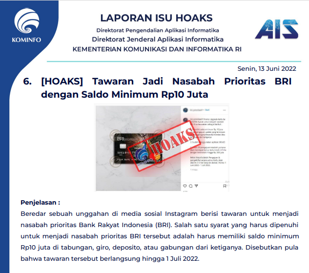 Isu Hoaks & Disinformasi 13 Juni 2022