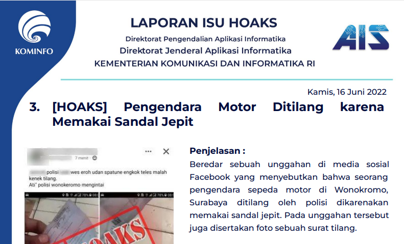 Isu Hoaks & Disinformasi 16 Juni 2022