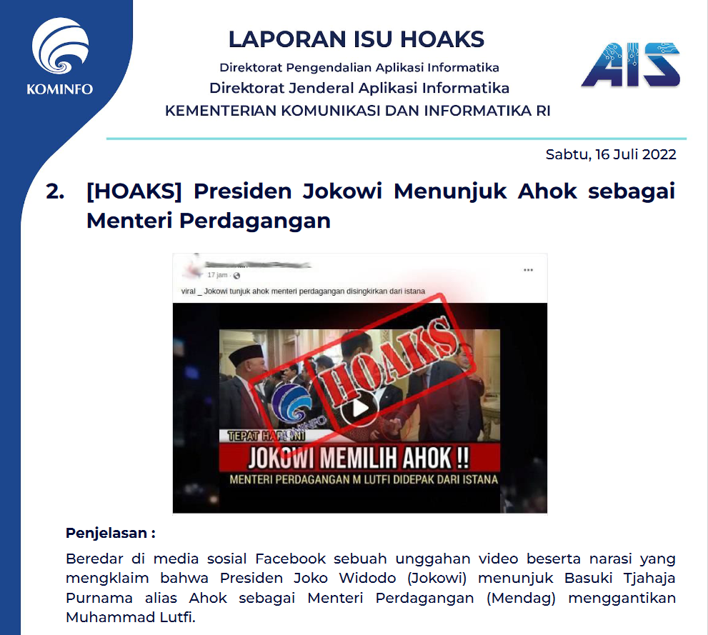 Isu Hoaks 16 Juli 2022