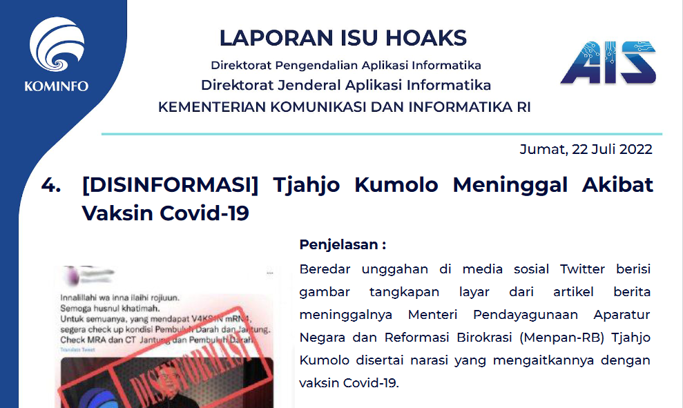 Isu Hoaks 22 Juli 2022