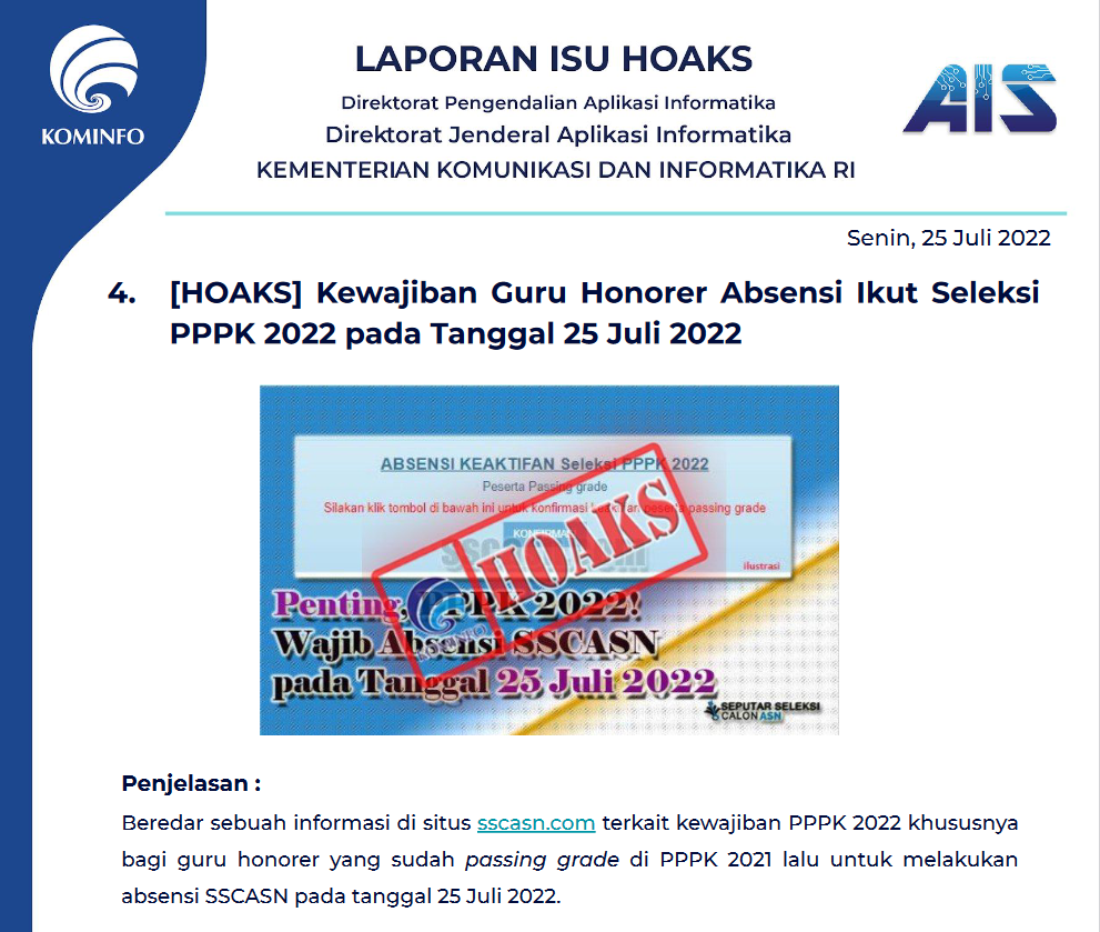 Isu Hoaks 25 Juli 2022