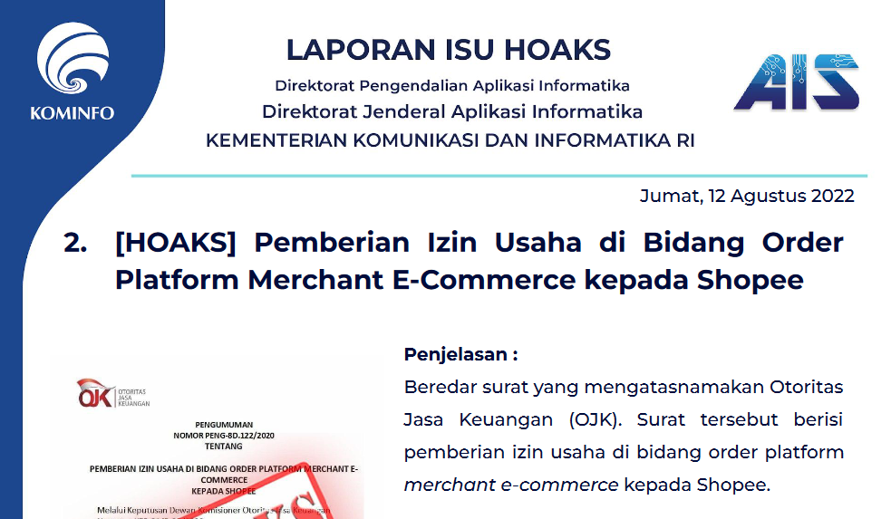 Isu Hoaks 12 Agustus 2022