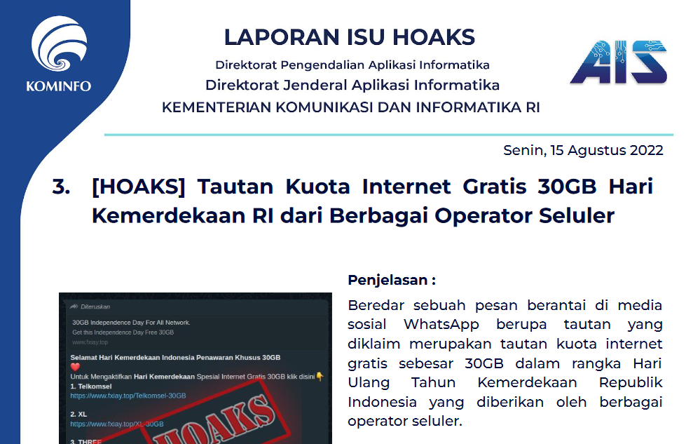 Isu Hoaks 15 Agustus 2022