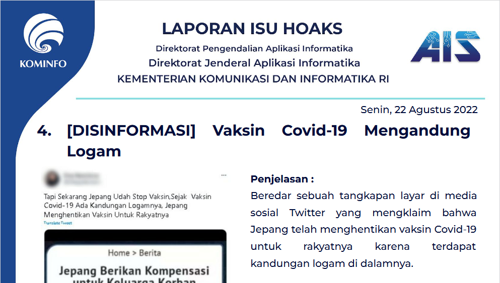Isu Hoaks 22 Agustus 2022