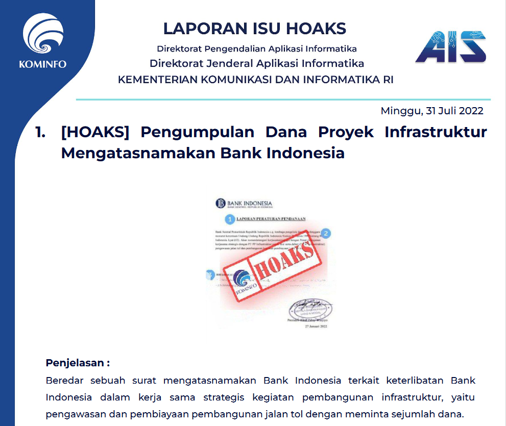 Isu Hoaks 31 Juli 2022