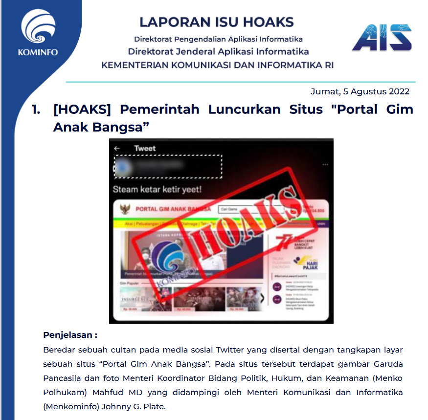 Isu Hoaks 5 Agustus 2022
