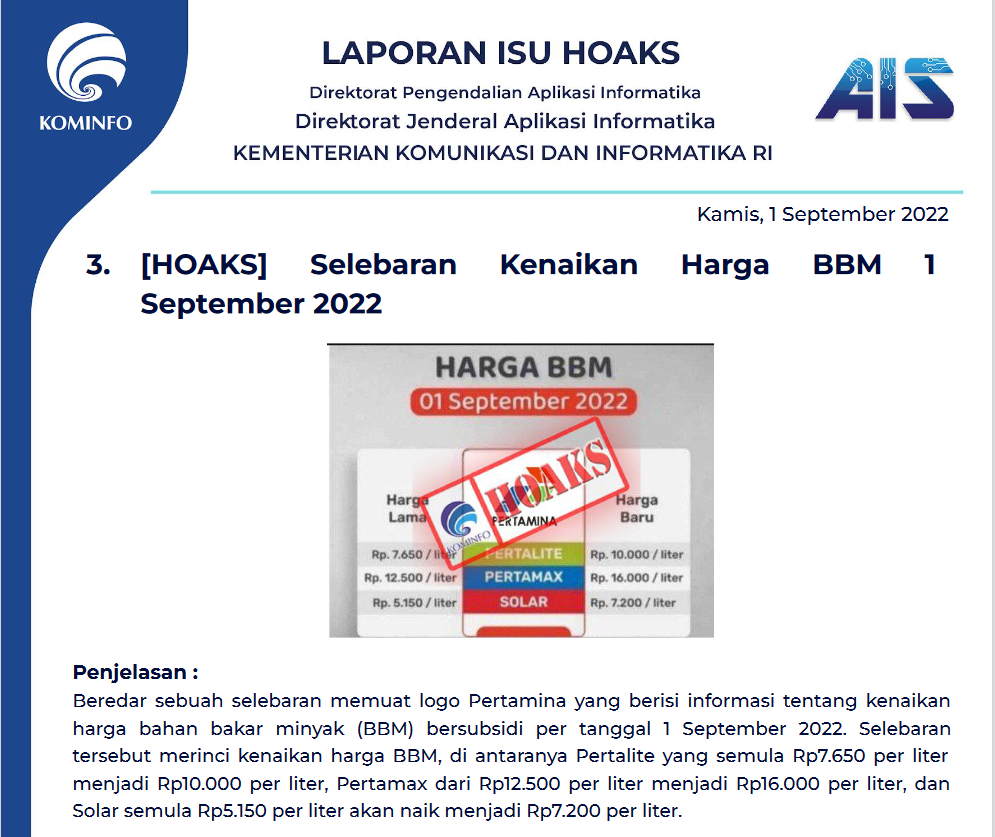 Isu Hoaks 1 September 2022
