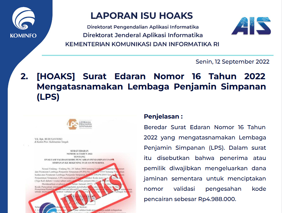 Isu Hoaks 12 September 2022