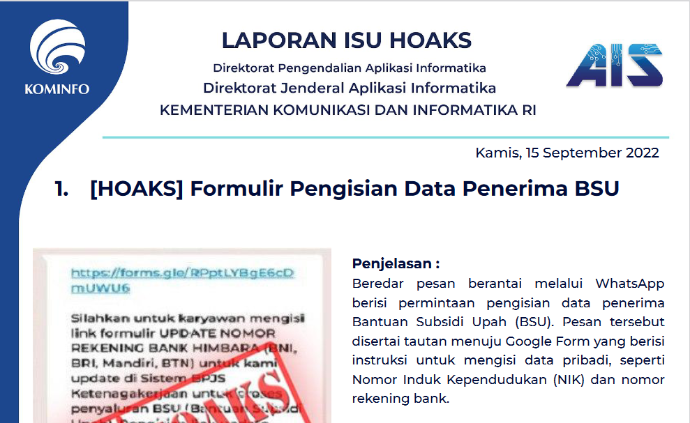 Isu Hoaks 15 September 2022