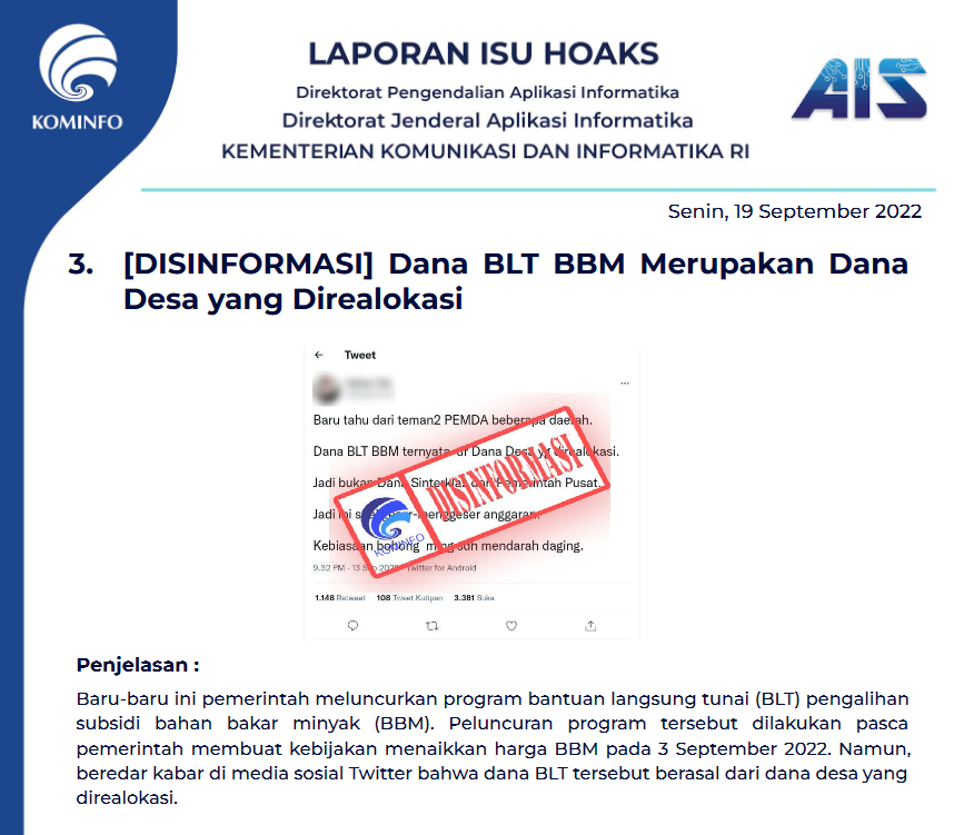 Isu Hoaks 19 September 2022