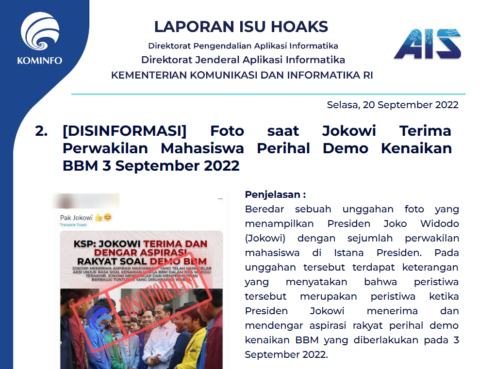 Isu Hoaks 20 September 2022