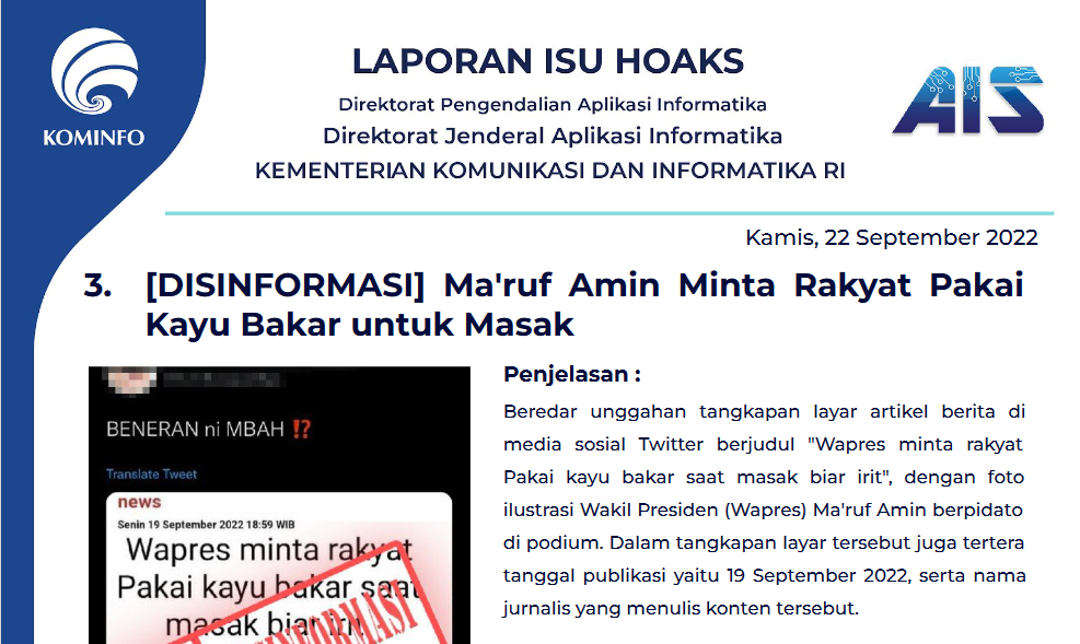 Isu Hoaks 22 September 2022