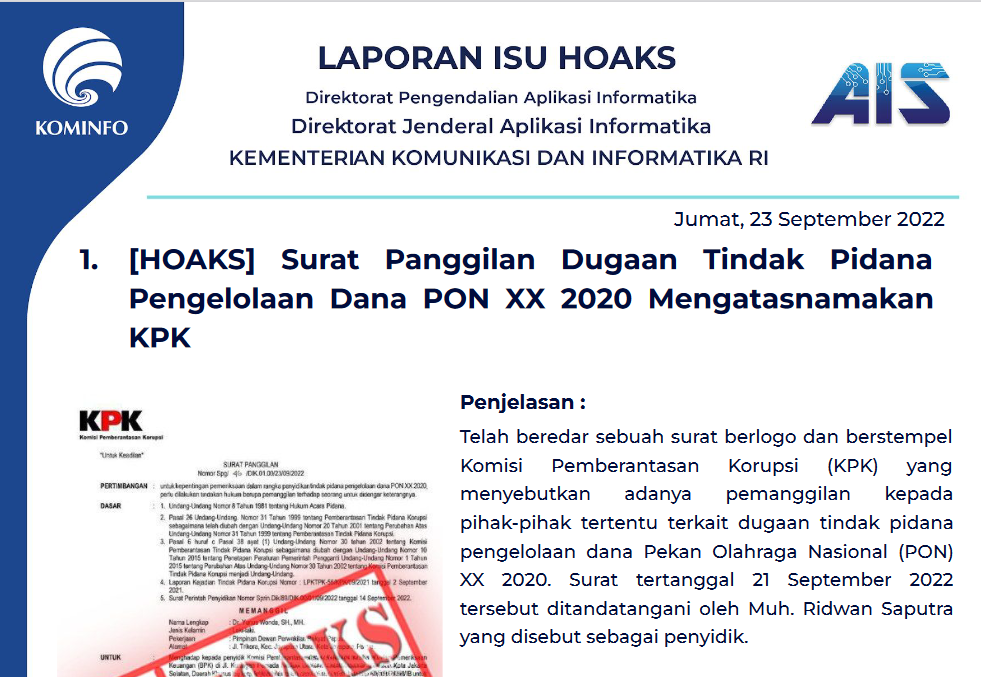 Isu Hoaks 23 September 2022